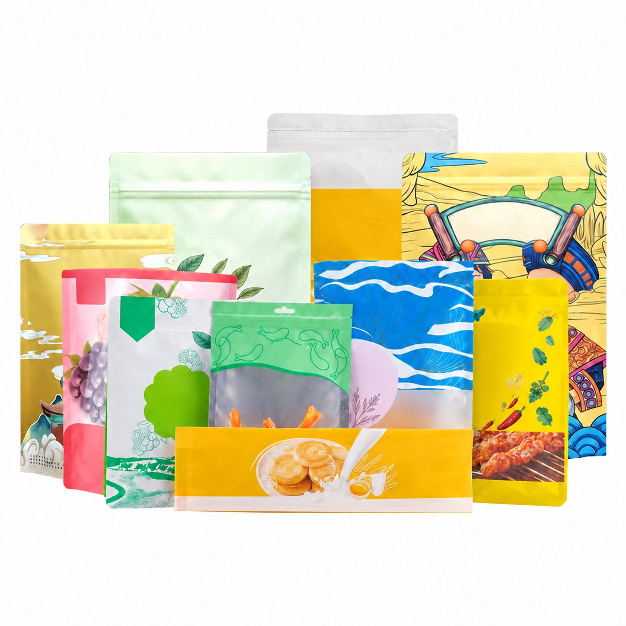 Assorted custom printed flexible packaging pouch styles
